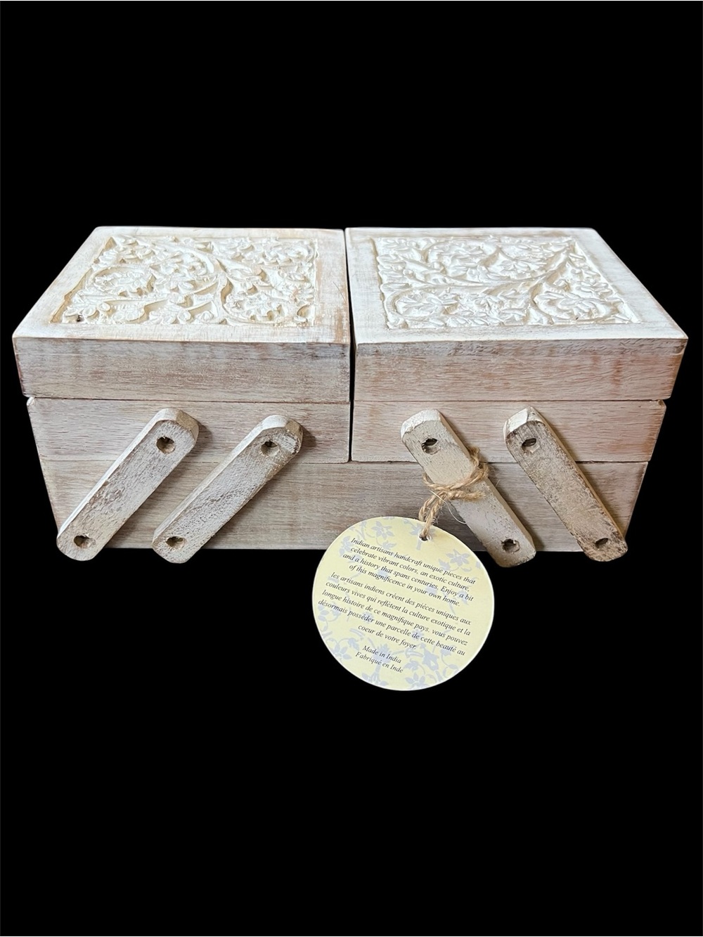 Carved Wooden Jewelry Box - Whitewashed Floral Design